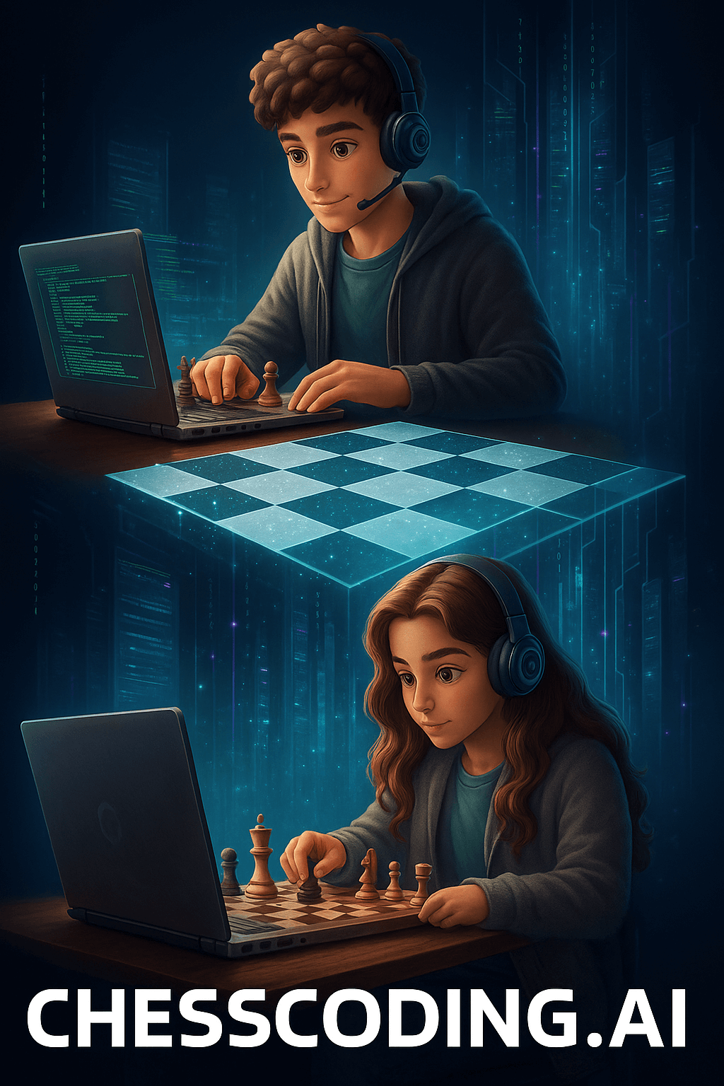 chessoding.ai two cartoon teens coding on laptops and studying chess